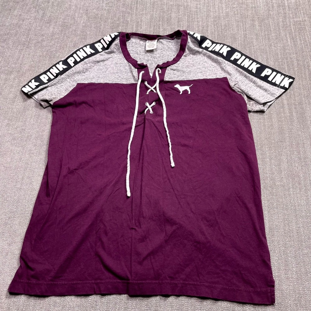 Victoria's Secret Pink T Shirt Womens XL Burgundy Gray Colorblock Logo Lace Up